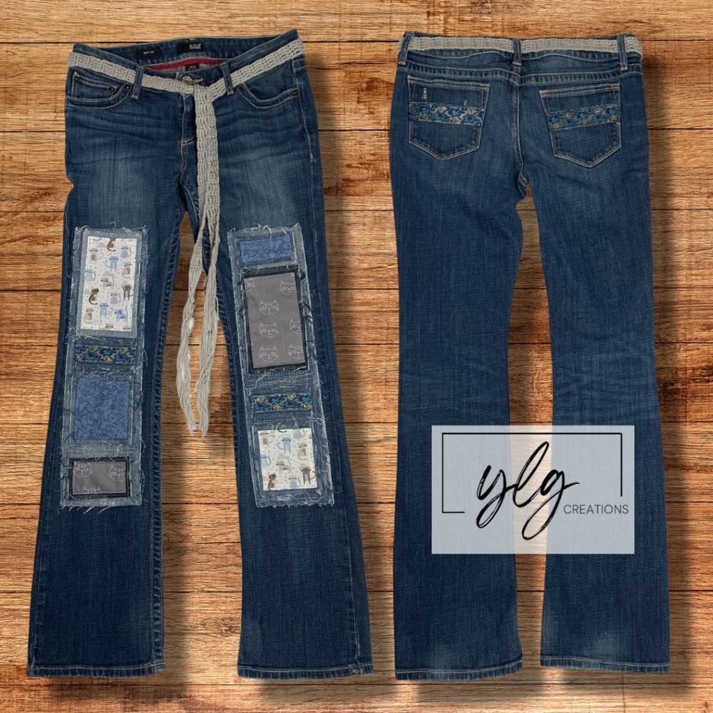 ana Jeans Kitty Cats Patched Applique Boho Charm Belted Blue Women Size 10